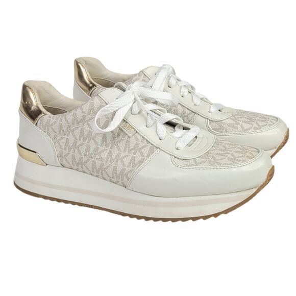 Michael Kors MK Logo Monique Trainer Platform Sneakers Size 8 Cream Gold - Picture 1 of 15